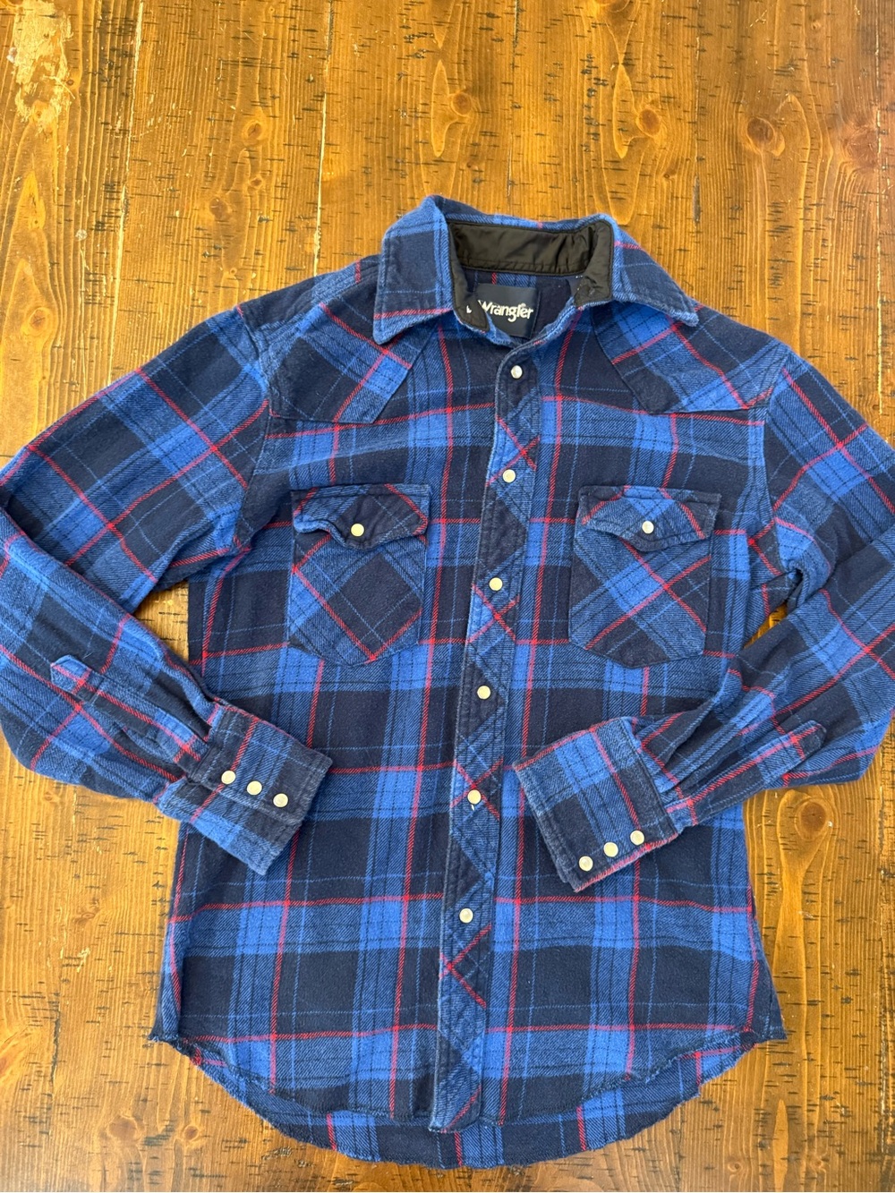Vintage Wrangler Flannel Pearl Snap Button Down Long Sleeve Blue Plaid Sz S